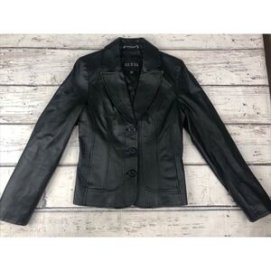 Guess Genuine Leather Blazer Jacket Womens Fitted Black sz M EUC